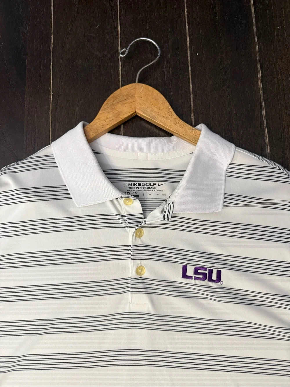 Nike White Dr-Fit Polo with Thin Black Stripes and Purple LSU Logo